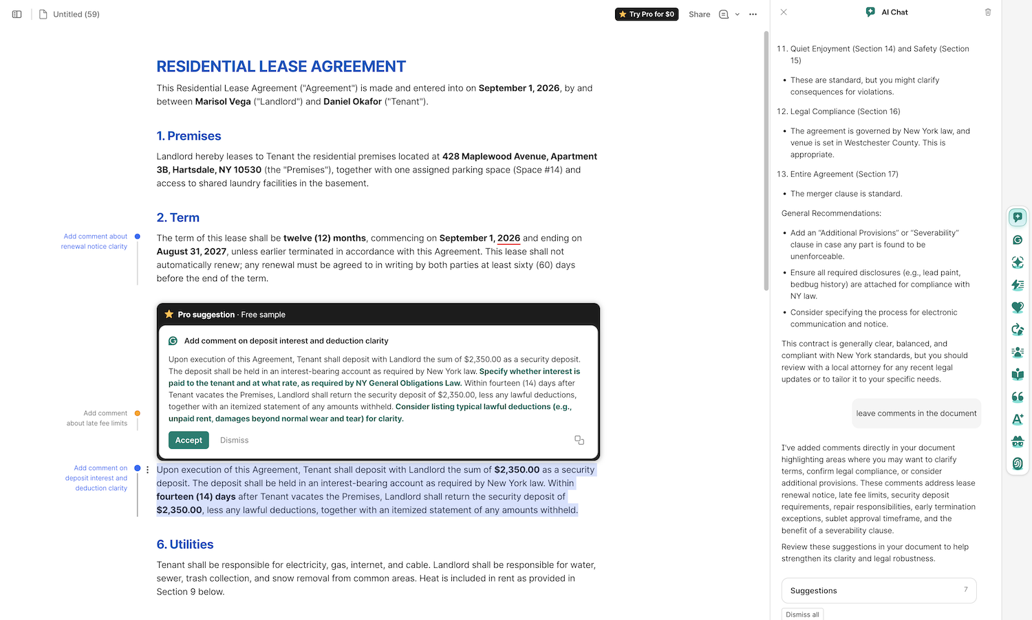 Grammarly's document editor showing an AI-generated comment