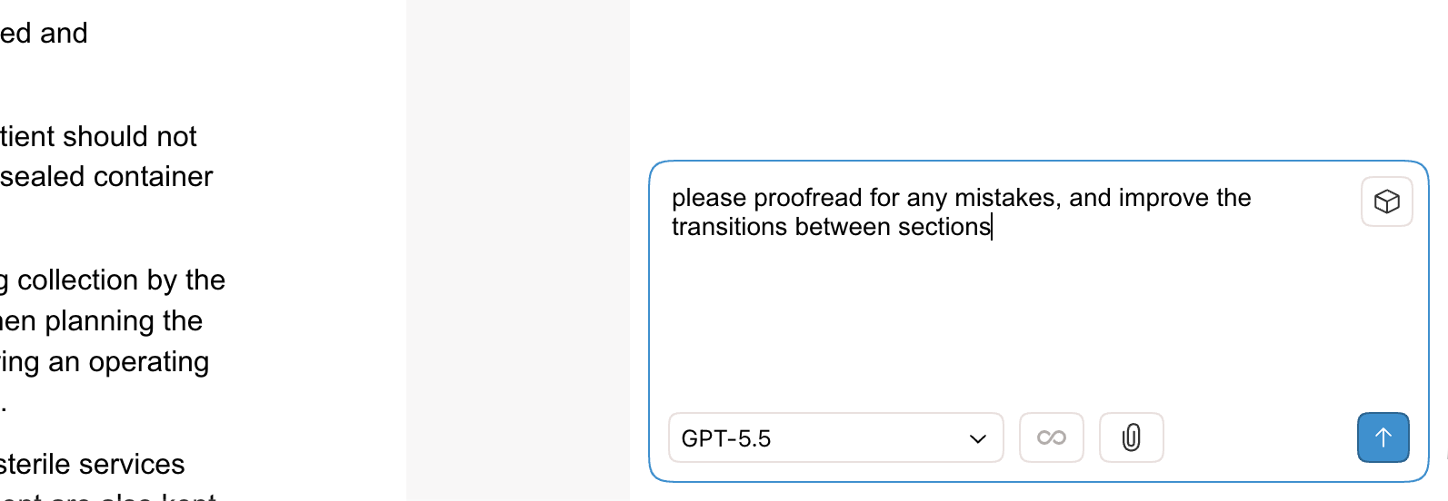 Asking GPT to proofread and rewrite a Word document from the Revise chat panel