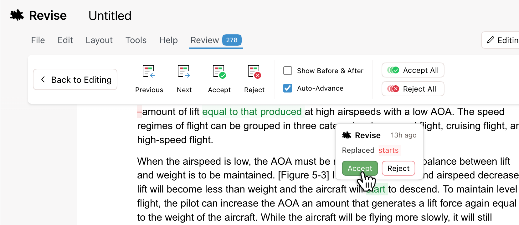 GPT's suggested edits shown as a red and green tracked-changes diff in a Word document