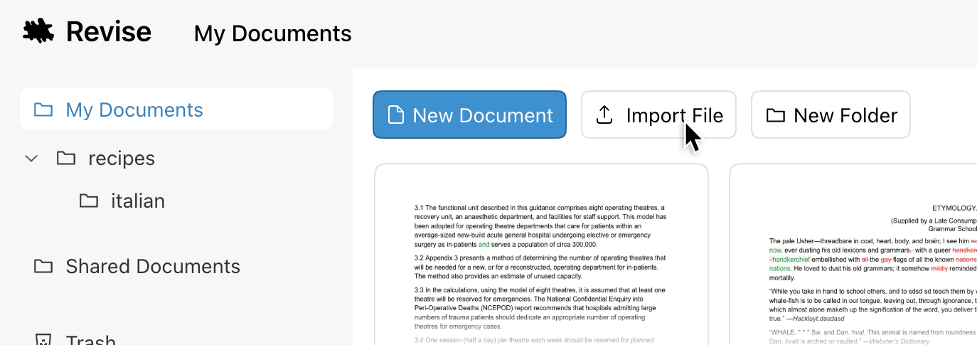 Importing a Google Docs document exported as .docx into the Revise editor to edit with Claude
