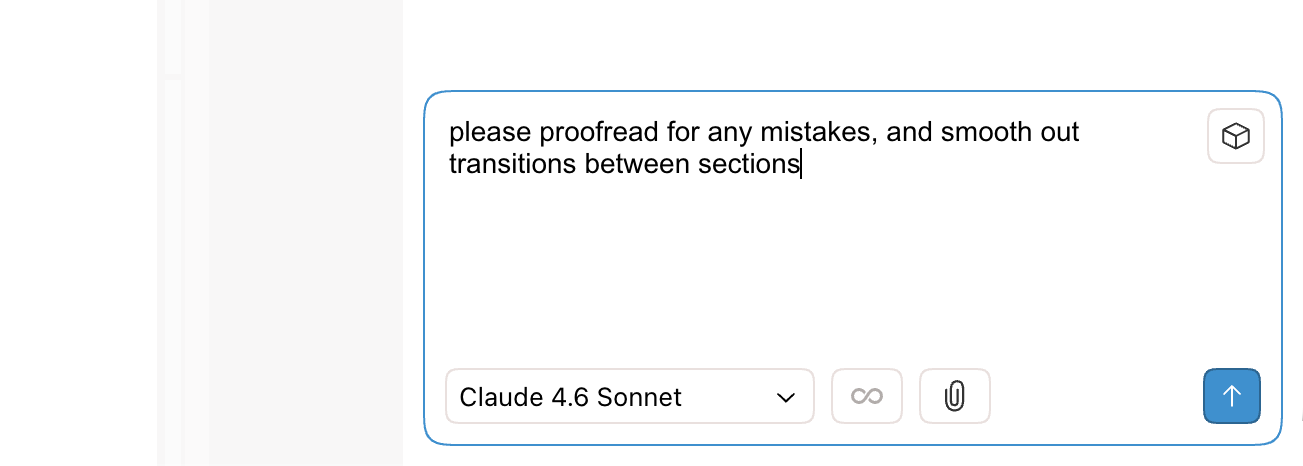 Asking Claude to proofread and rewrite a Google Docs document from the Revise chat panel