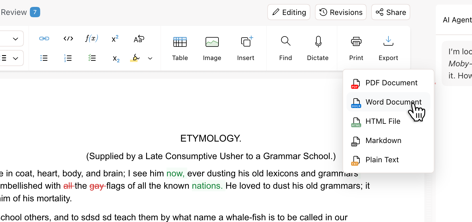 Accepting and rejecting Claude's tracked changes before exporting the document back to Google Docs